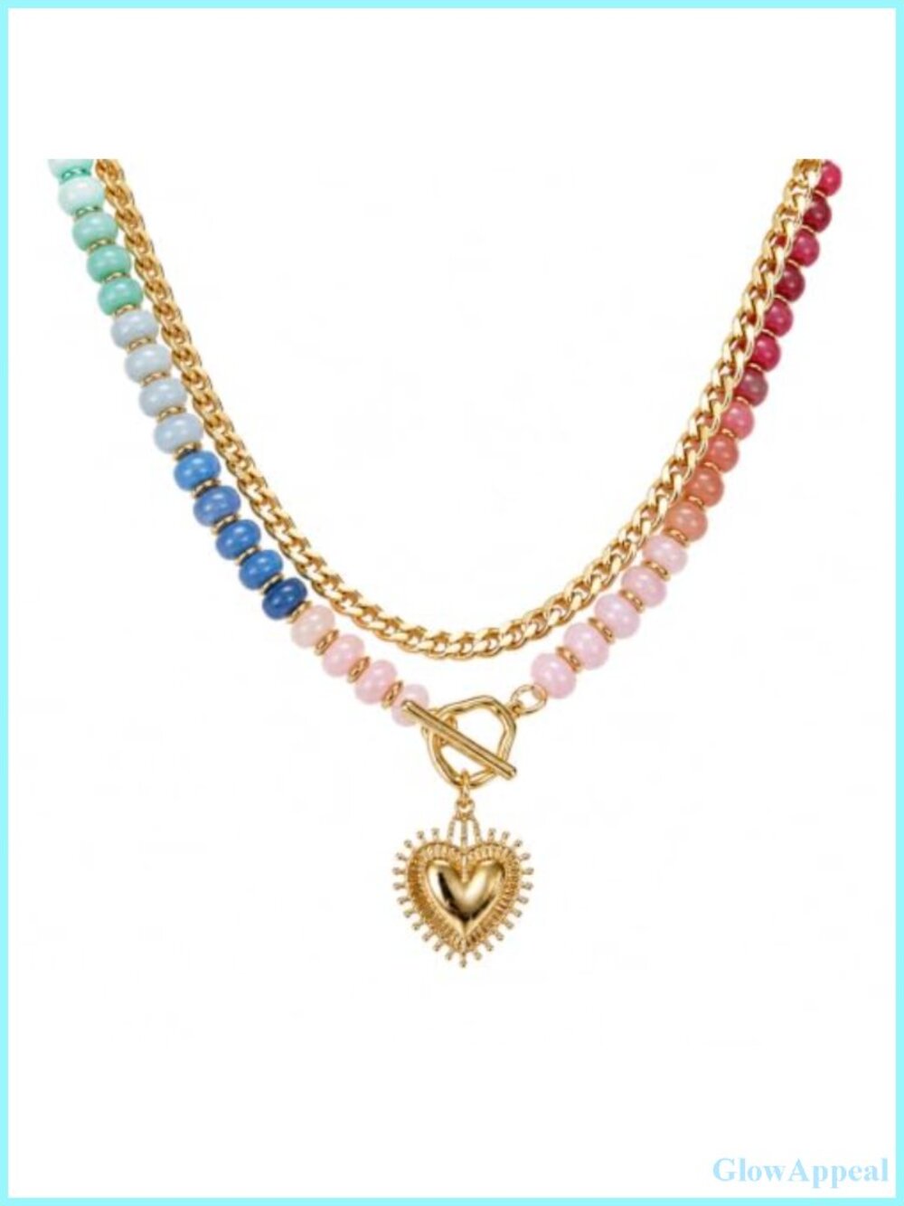 Layered Beaded Choker Necklace Heart Charm Adjustable Acrylic Metal
